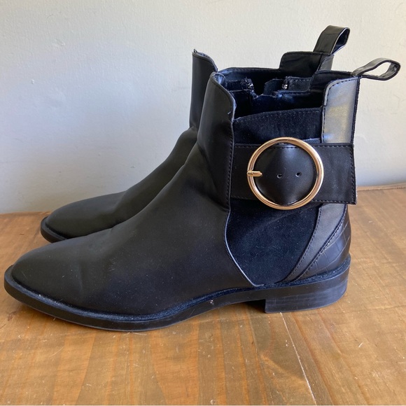 ZARA Trafaluc Black Leather Zip Buckle Ankle Boots-Womens Size 39 - Picture 1 of 7